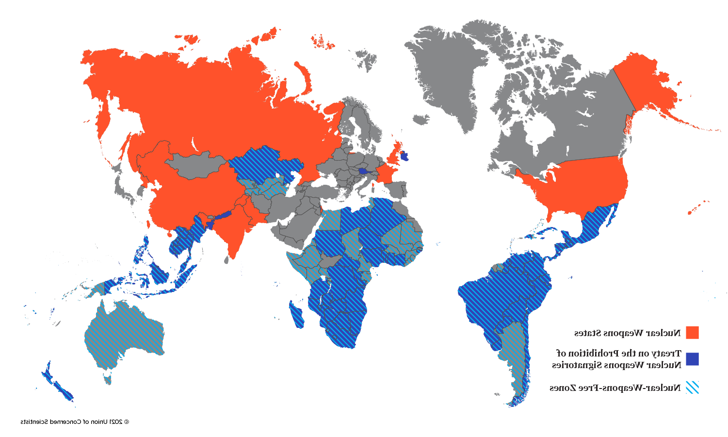 World map showing nuclear weapons states, TPNW签署国, and countries that are nuclear-weapons-free zones